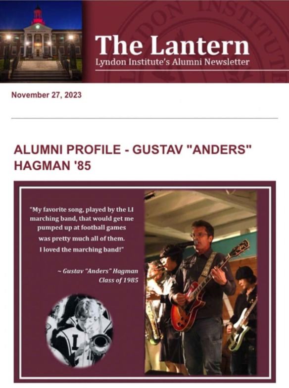Promotional image of Lyndon Institute's alumni e-newsletter, The Lantern. 