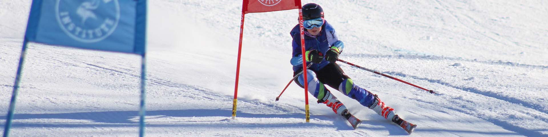 An LI Alpine skier races her way through a giant slalom course. 