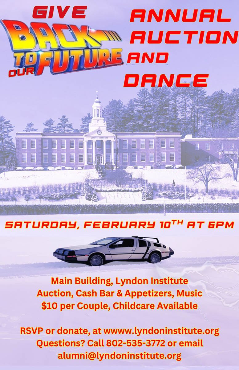 Give Back To Our Future graphic for the Annual Auction and Dance on February 10th at 6 pm on the LI campus. 